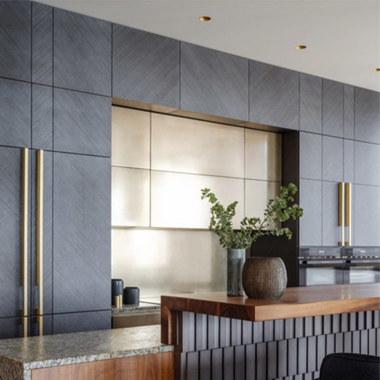 Routed kitchen cabinet fronts in decorative PVC film