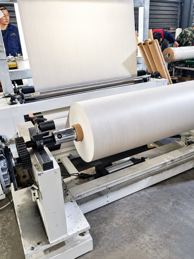 Decorative PVC film being wound into a finished roll on the production line in China