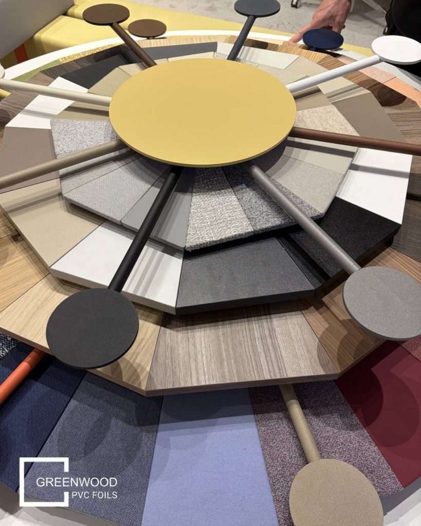 Fan display of GREENWOOD PVC film colour, woodgrain and texture samples
