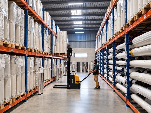 GREENWOOD PVC film rolls in the Sharjah warehouse aisle